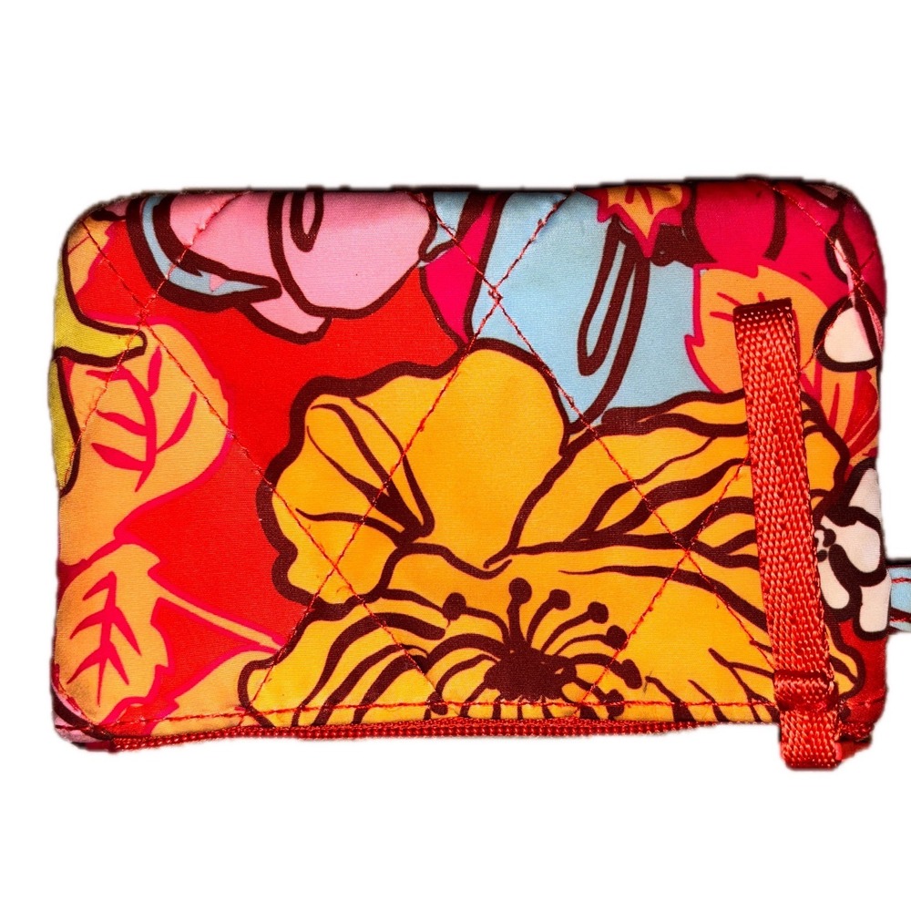 Vera Bradley Quilted Nylon Zip ID Case Floral Print Compact Wallet Red Orange